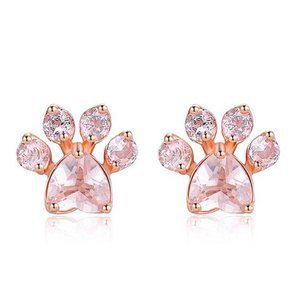 Rose Gold Cat Claw Dog Paw Pink Crystal Earrings